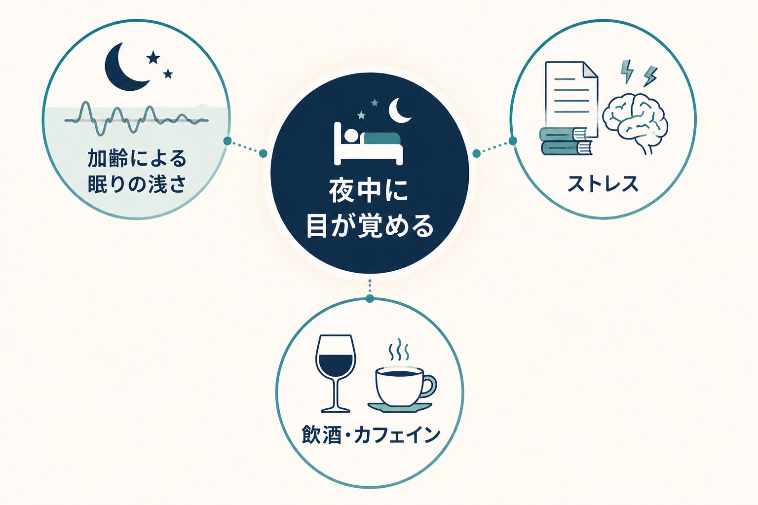 夜中に目が覚める3つの原因を示した図解。加齢による眠りの浅さ・ストレス・飲酒とカフェイン