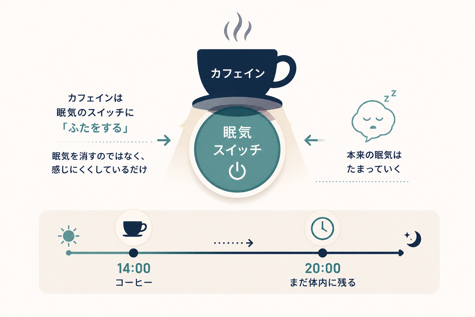 カフェインが眠気に与える仕組みを示した図解。カフェインは眠気のスイッチに「ふたをする」だけで本来の眠気はたまっていく。14時のコーヒーは20時も体内に残る