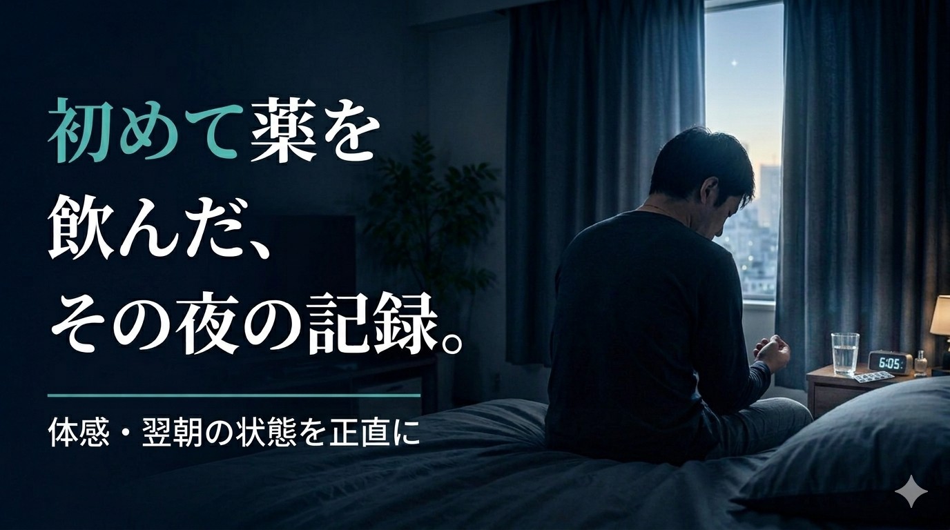 夜の寝室でベッドに座り下を向く男性。処方された睡眠薬を初めて飲んだ夜の体験と翌朝の記録