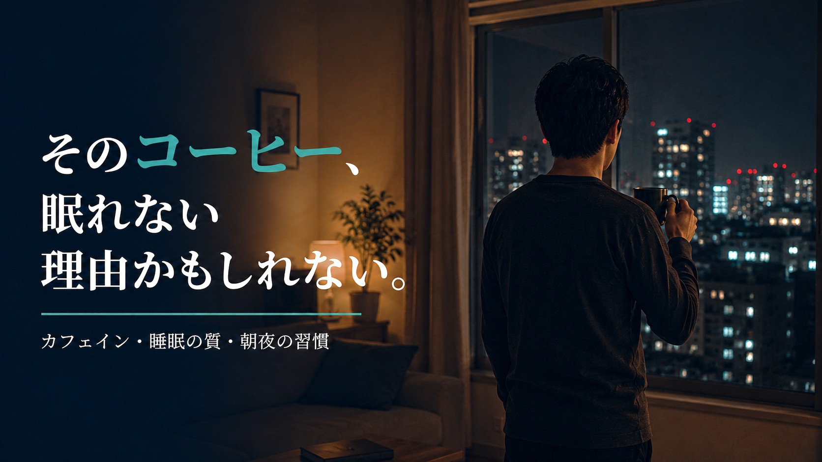 夜にコーヒーを持ちながら夜景を眺める男性。カフェインと睡眠の質の関係を体験から解説した記事