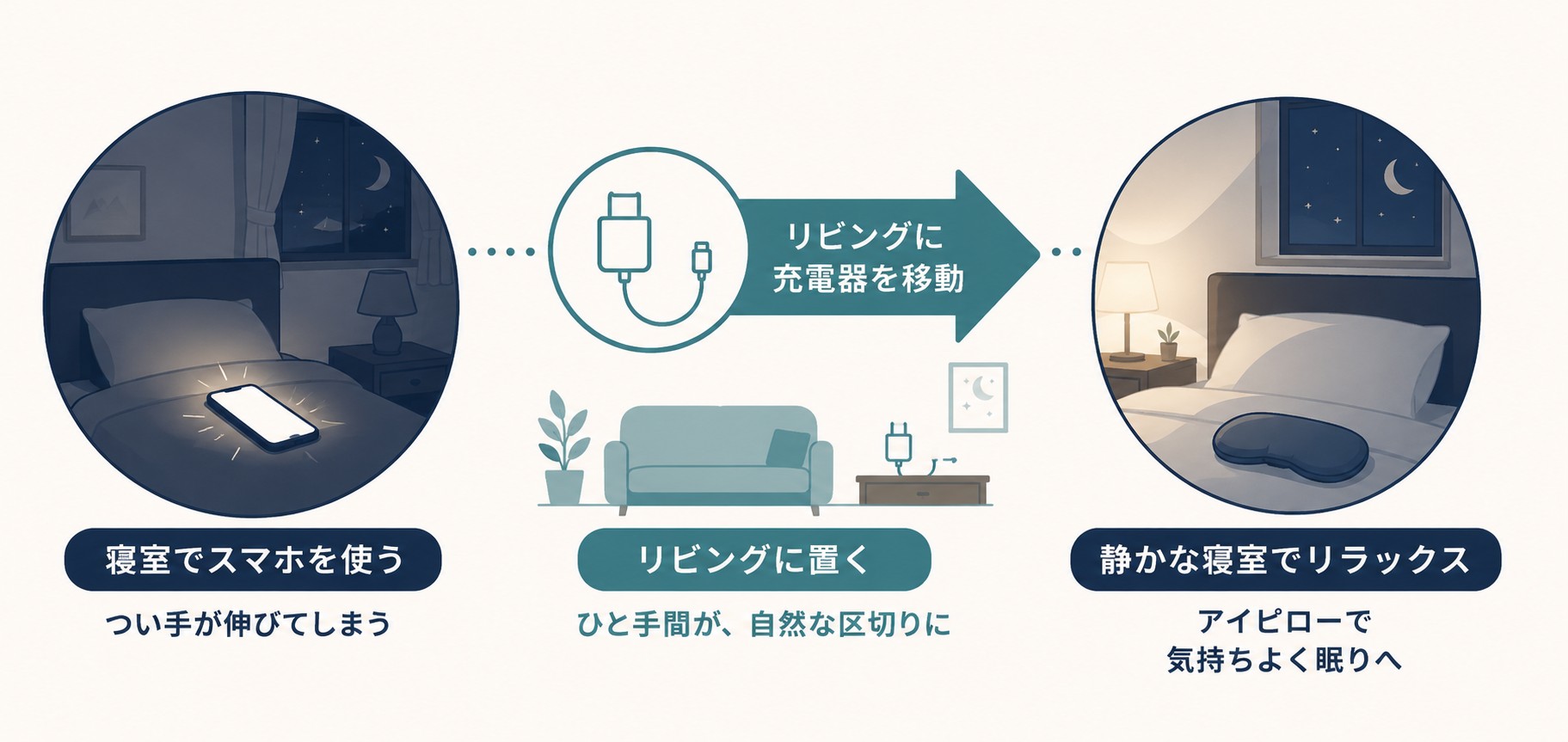 スマホの充電場所を変えることで眠りの質を上げる方法を示した図解。寝室でスマホを使う状態→充電器をリビングに移動→静かな寝室でリラックスして眠りへ